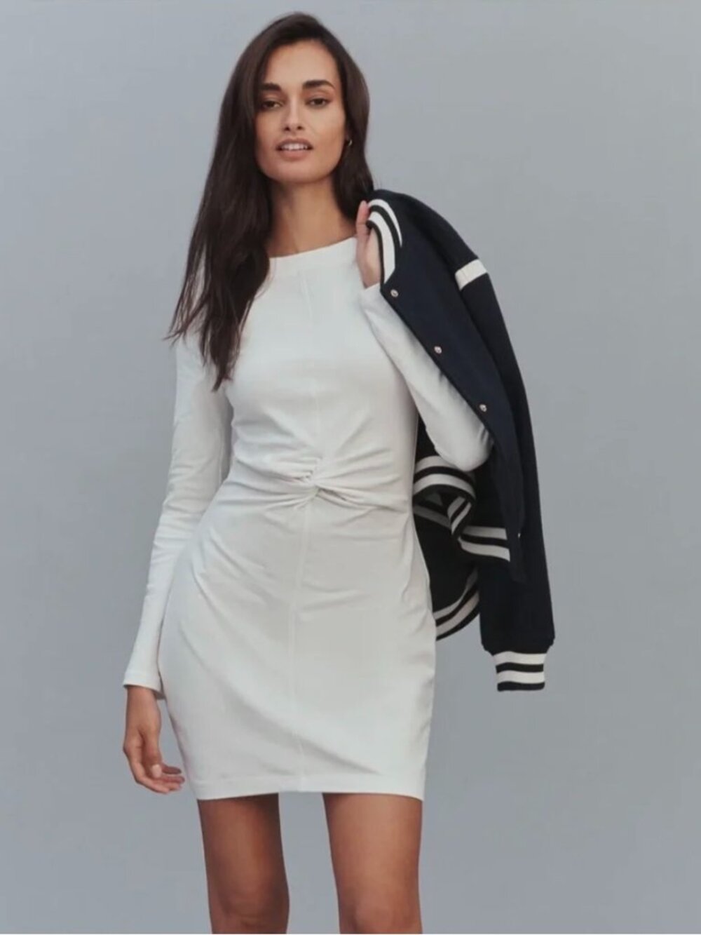 Daily Practice Gathered Long Sleeve Mini Dress Vanilla/ White Size Medium NWOT